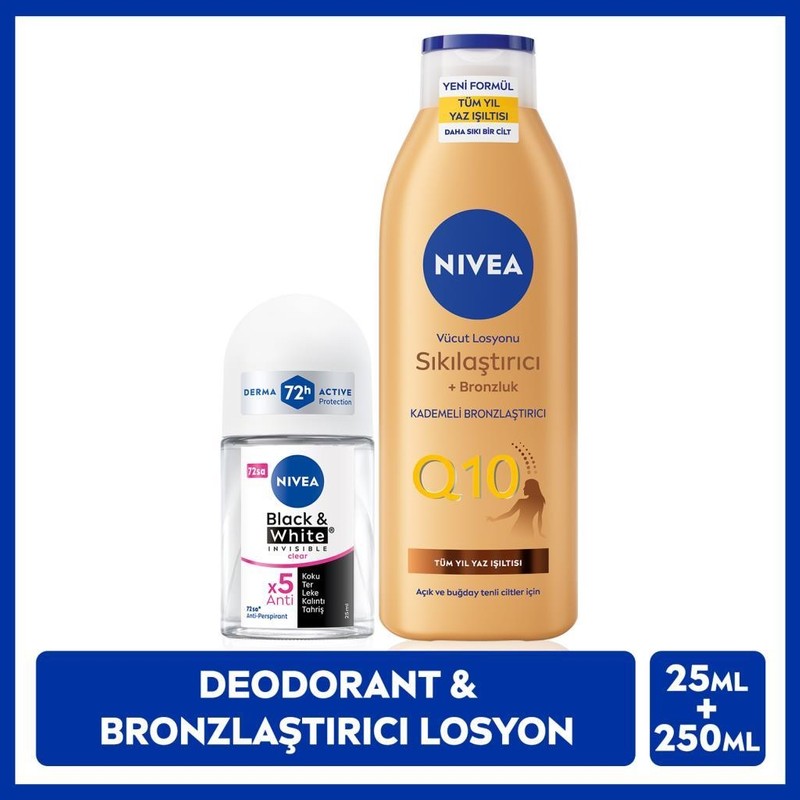 Nivea Q10 Bronzlaştırıcı Vücut Losyonu 250ML ve Mini Roll-On Deodorant Black&white Invisible Clear 25ML