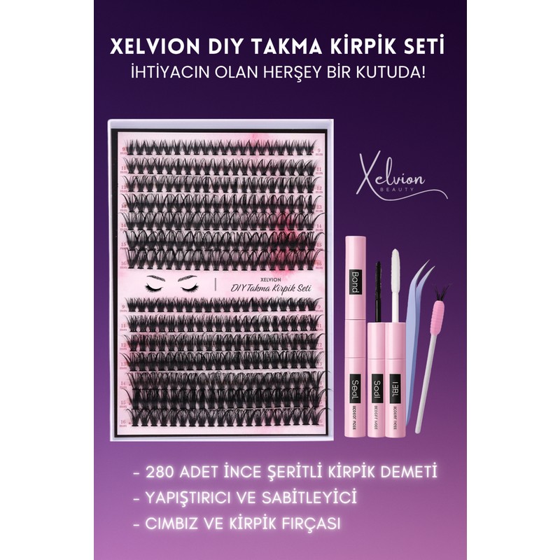 Xelvion Beauty 240'lı Takma Kirpik Seti, Yapıştırıcı, Sabitleyici, Cımbız ve Kirpik Fırçası