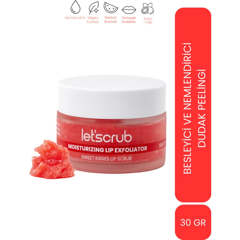 LET'SCRUB Nemlendirici Dudak Peelingi Sweet Kisses Lip Scrub Karpuz Aromalı Şeker Partiküllü Shea Yağlı 30 gr