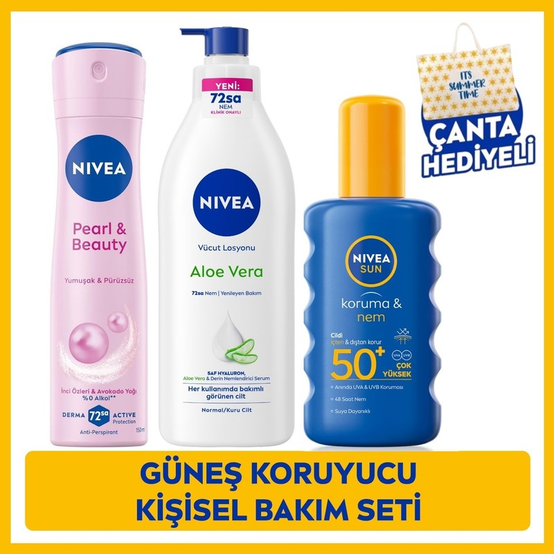 Nivea SUN SPF50 Güneş Koruyucu Vücut Spreyi 200ml, Aloe Vera Nemlendirici Vücut Bakım Losyonu 400ml ve Pearl&Beauty Sprey Deodorant 150ml, Çanta Hediyeli, Kişisel Bakım Seti