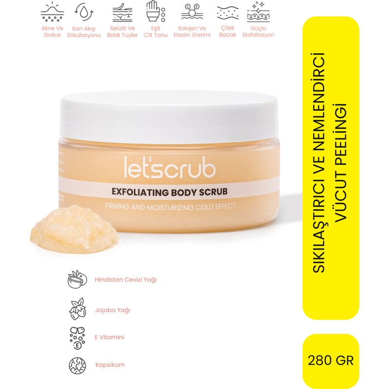 LET'SCRUB Cold Effect Vücut Peelingi Sıkılaştırıcı ve Nemlendirici Nem Bombası Body Scrub 280 gr