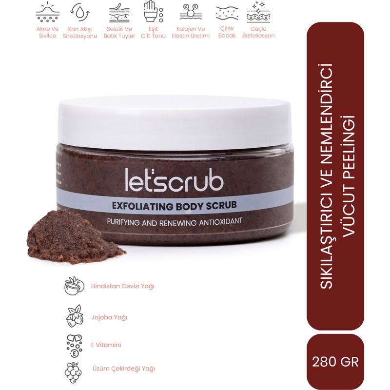 LET'SCRUB Antioxidant Vücut Peelingi Arındırıcı ve Yenileyici Nem Bombası Body Scrub 280 gr