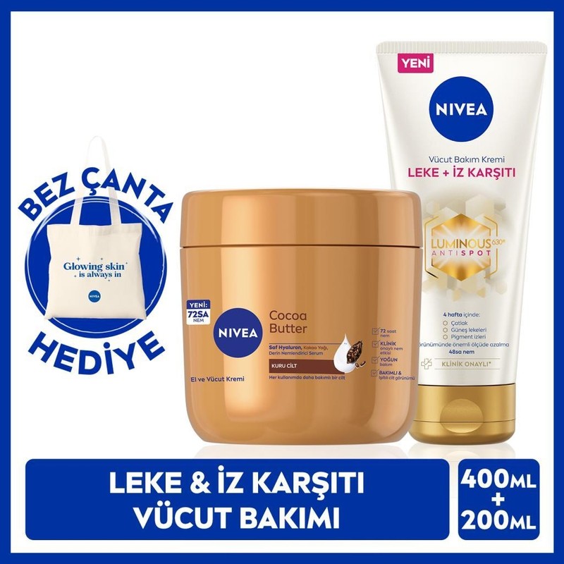 Nivea Luminous630 Leke İz Karşıtı Vücut Kremi 200ml ve Cocoa Butter Nemlendirici Krem 400ml, Çanta Hediye