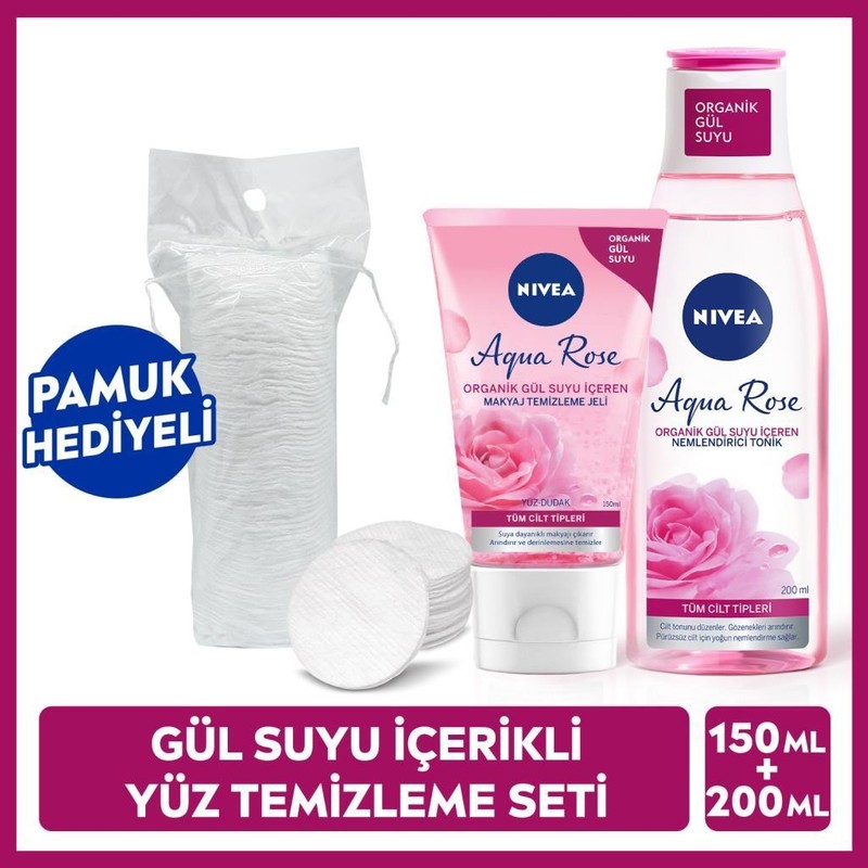 Nivea Aqua Rose Organik Gül Suyu İçerikli Yüz Temizleme Jeli 150ml ve Nemlendirici Tonik 200ml, Makyaj Temizleyici, Yüz Bakım