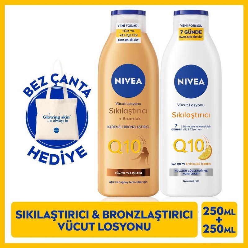 Nivea Q10 C Vitamini Sıkılaştırıcı Kademeli Bronzlaştırıcı Vücut Losyonu 250+250 ml Bez Çanta Hediyeli