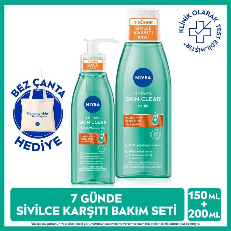 Nivea Derma Skin Clear Yüz Temizleme Jeli ve Tonik Seti 150 ml + 200 ml Salisilik Asit İçerir Akneli Ciltler İçin