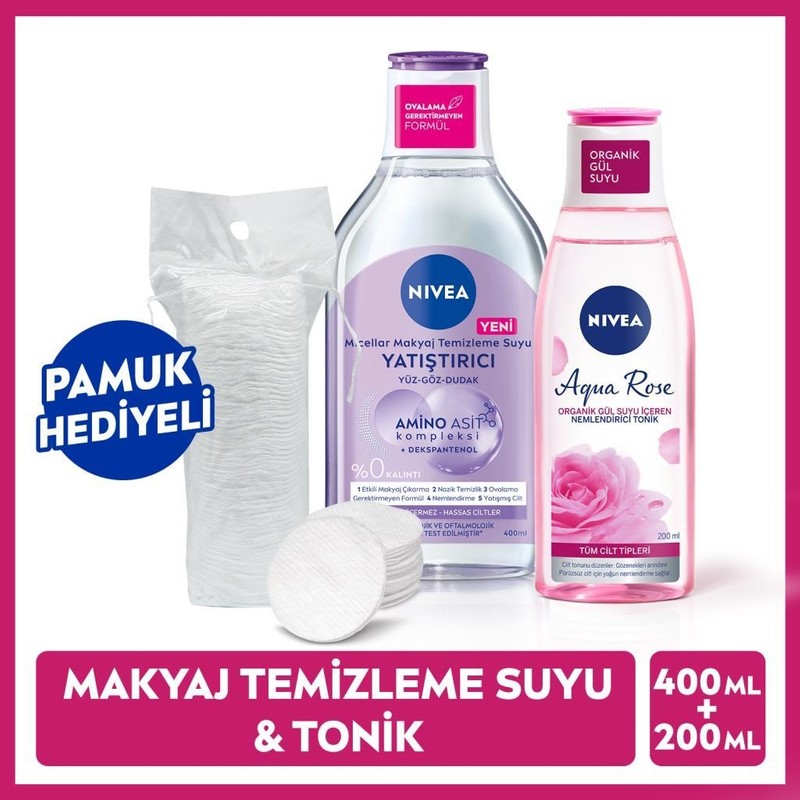 Nivea Yatıştırıcı Micellar Makyaj Temizleme Suyu 400 ml ve Aqua Rose Nemlendirici Tonik 200ml Hassas Cilt İçin Aydınlatıcı Etki