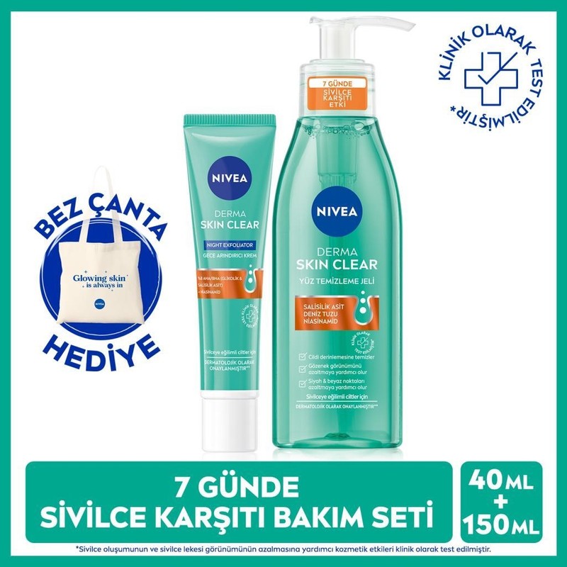 Nivea Derma Skin Clear Sivilce Karşıtı Yüz Temizleme Jeli ve Gece Kremi Seti, Salisilik Asitli Akneli Ciltler İçin 150 ml + 40 ml