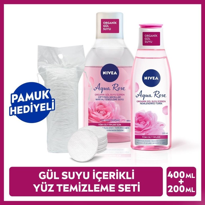Nivea Aqua Rose Gül Suyu İçeren Çift Fazlı Micellar Makyaj Temizleme Suyu 400ml Ve Nemlendirici Tonik 200ml, Cilt Bakım, Yüz Temizleme