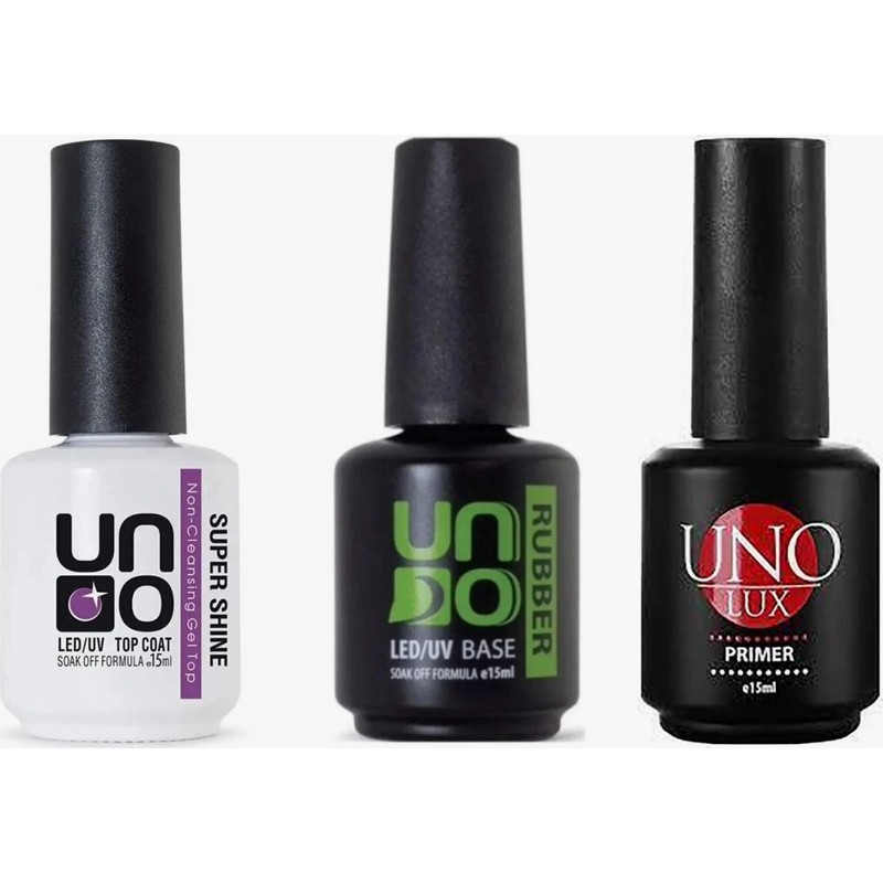 UNO Kalıcı Oje 3'lü Set Super Shine Top Coat Rubber Base-Asitli Primer -15 ml