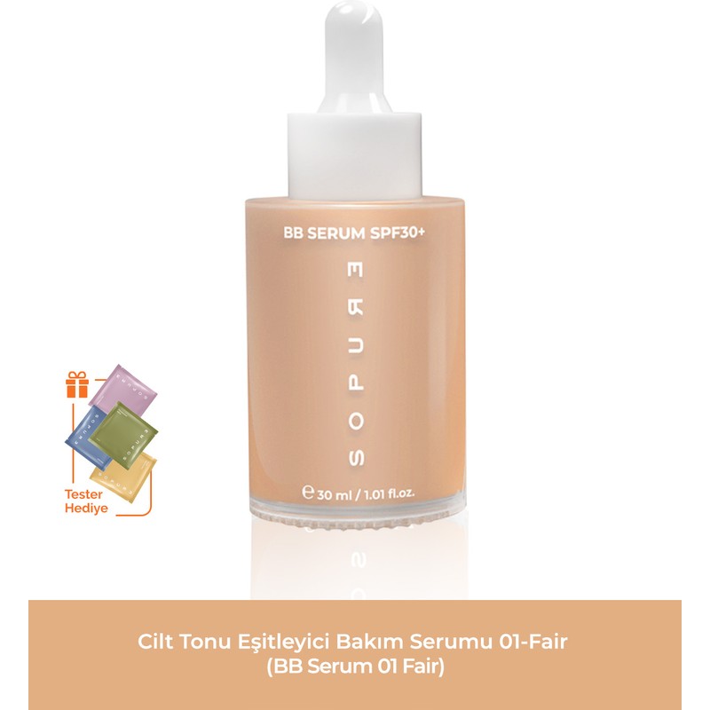 Sopure BB Serum 01 Fair Cilt Tonu Eşitleyici Hafif Kapatıcı, Pembe Alt Tonlu, Beyaz Tenlere Uygun Nemli Bitişli Açık Ton BB Serum-30 ML