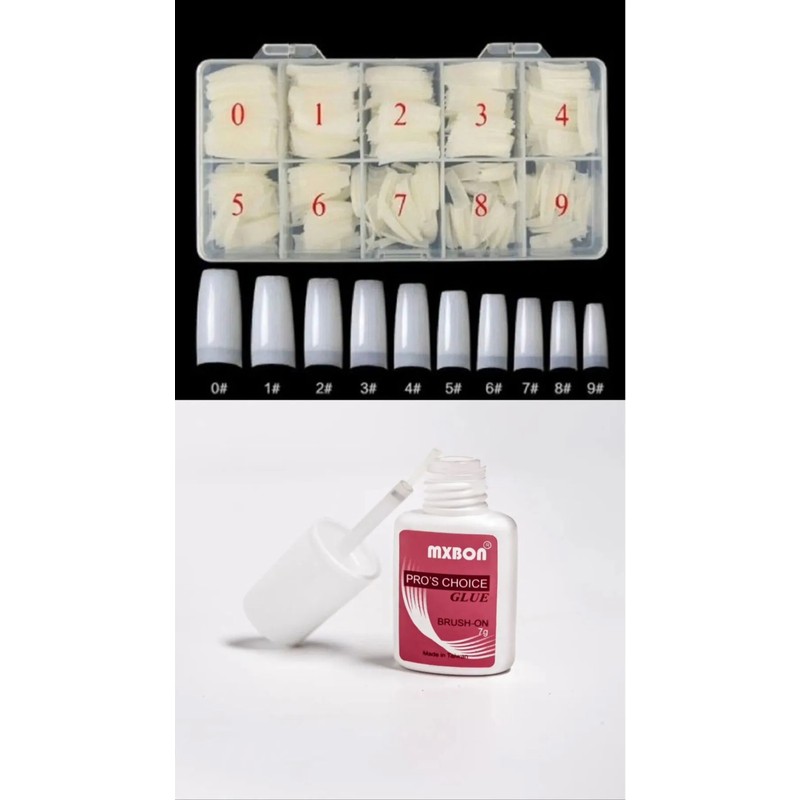 Qnail Professional 500'lü Kemik Yarım Ay Protez Tırnak Tips Seti ve Mxbon Fırçalı Yapıştırıcı 7 gr