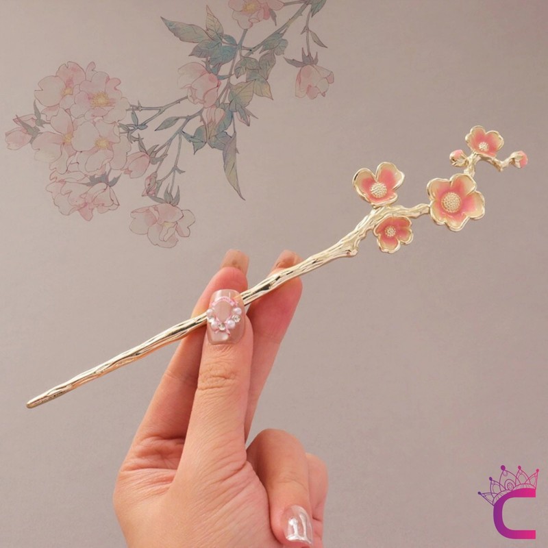 Cinderella Pembe Çiçek Tomurcuk Tasarım Japon Topuz Çubuğu 18CM - Kadın Metal Saç Topuz Tokası Çubuk Toka