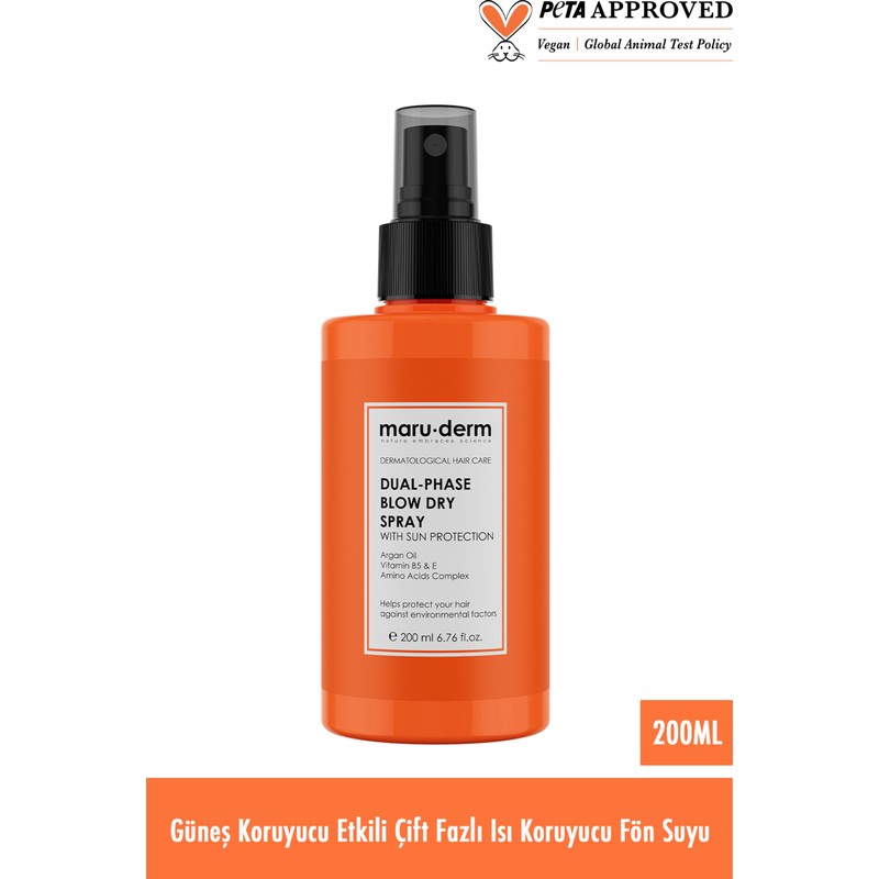 Maru.derm Çift Fazlı Isı Koruyucu Güneş Koruyucu Etkili Fön Suyu 200 ml | Tüm Saç Tipleri | Vegan