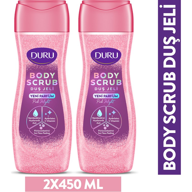 Duru Body Scrub Pink Delight Duş Jeli 2x450 Ml Hyaluronik Asit, C Vitamini İçerir