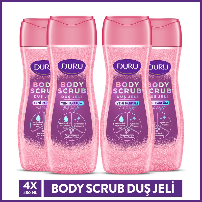 Duru Body Scrub Pink Delight Duş Jeli 4x450 Ml Hyaluronik Asit, C Vitamini İçerir