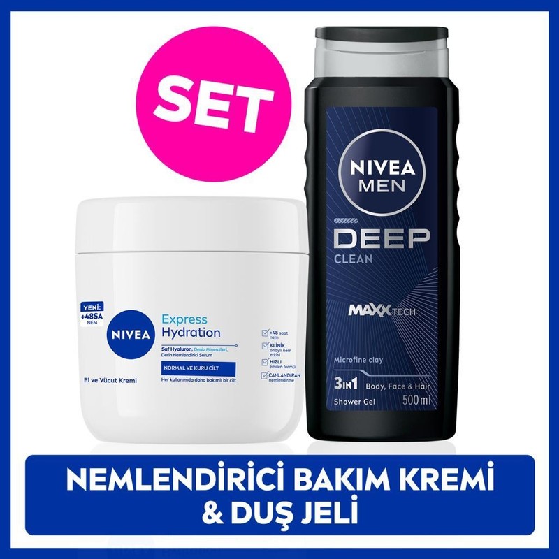 Nivea Men Erkek Deep Dimension Banyo Duş Jeli 500ML ve Yoğun Nemlendirici El ve Vücut Bakım Kremi 400ML
