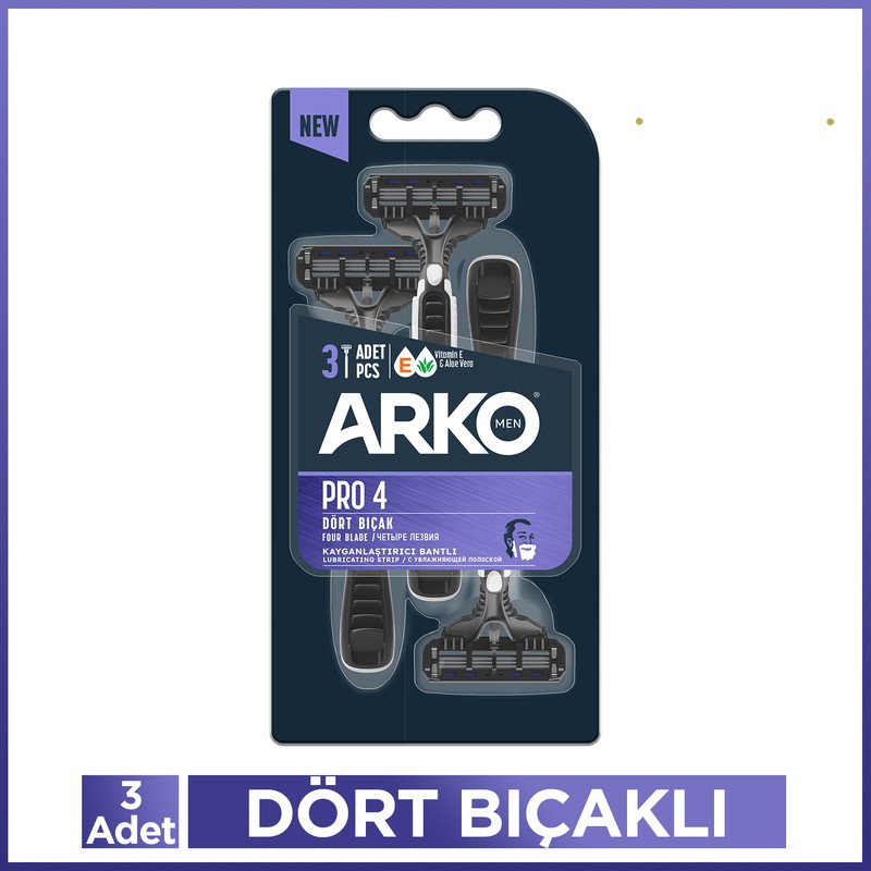 Arko Men Pro4 Dört Bıçaklı Kullan-At Tıraş Bıçağı 3 Adet Tüm Ciltler İçin Beyaz Renk