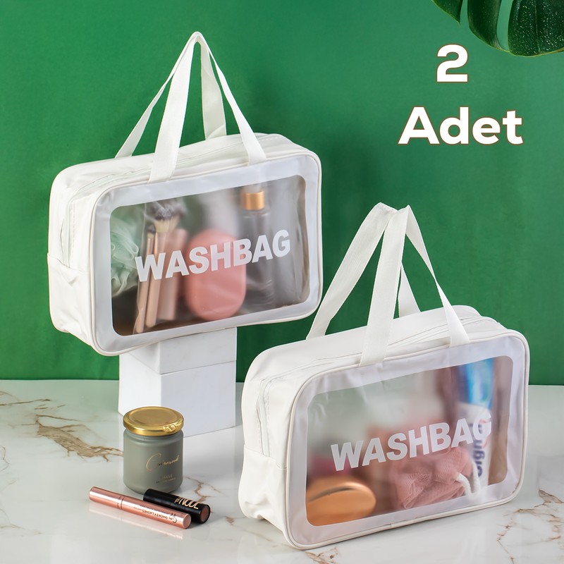 Porsima 3142-1 2li Şeffaf - Beyaz Seyahat ve Makyaj Çantası Su Geçirmez Organizer Washbag 20X30CM