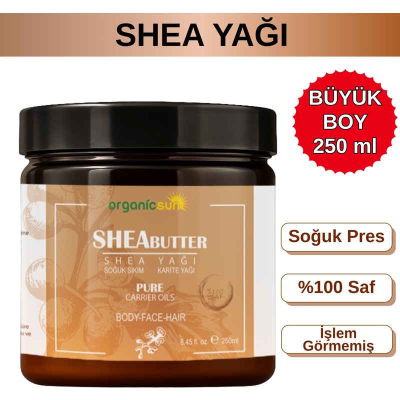 Organicsun Shea Yağı 250 ml | %100 Ham, Soğuk Pres, Rafine Edilmemiş, Shea Butter Karite | Kuru Cilt, Saç, Dudak, Topuk Bakımı