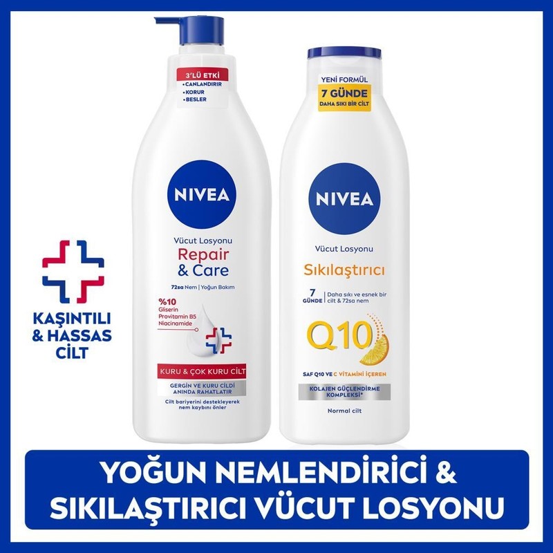 Nivea Q10 Sıkılaştırıcı Vücut Losyonu 250ML ve Repair&care Nemlendirici Losyon 400ML, Kaşıntı Rahatlatıcı
