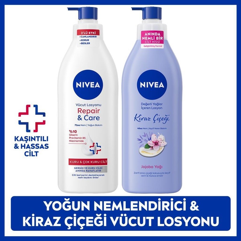 Nivea Kiraz Çiçeği Vücut Losyonu ve Repair&care Nemlendirici Losyon 400ML, Kaşıntı Rahatlatıcı, Kuru Cilt