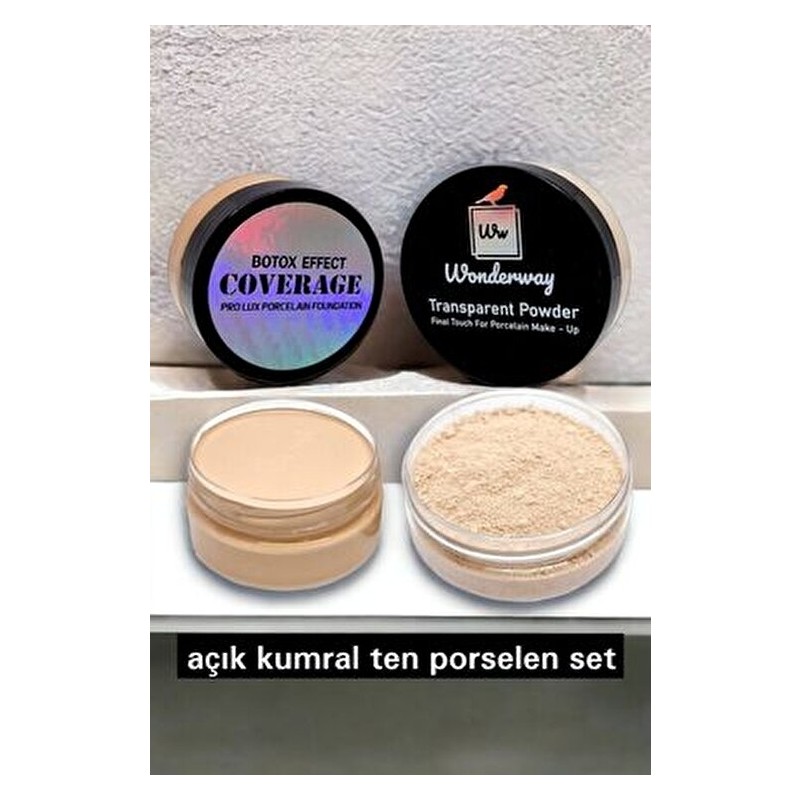 Wonderway Yoğun Kapatıcı Porselen Fondöten & Transparan Pudra Set Açık Kumral Ten Sünger ile Mat Görünüm