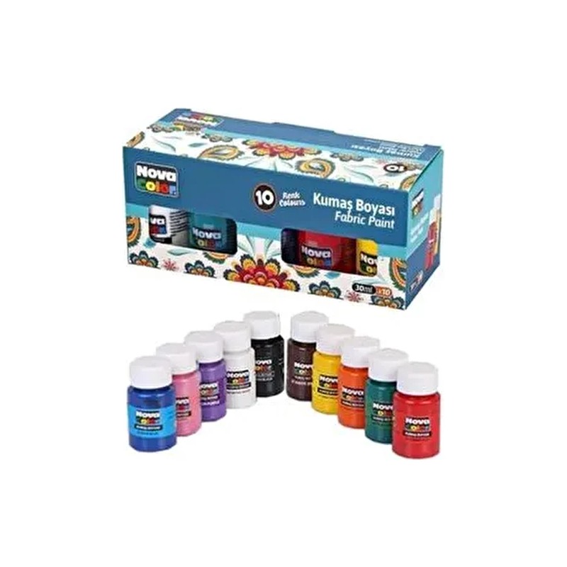 Nova Color Fabric Painting Colours Kumaş Boyası Tüp 30 ml 10 Adet Renk Set Kıyafet Elbise Çanta Ayakkabı Boyası