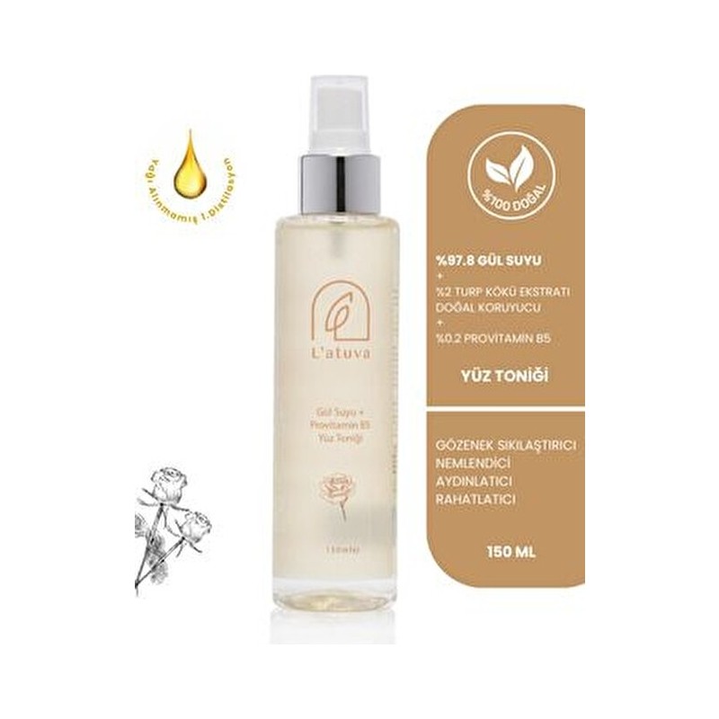 L'atuva %100 Doğal Gül Suyu 150 ml Gözenek Sıkılaştırıcı Aydınlatıcı Tonik Tüm Cilt Tipleri İçin B5 Vitamini