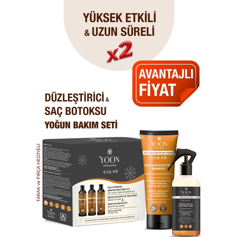 Yoon 3'lü Uzun Süren Düzleştirici & Saç Botoxu Kiti, Tuzsuz Şampuan 250ML Saç Spreyi 250ML Saç Bakım Seti