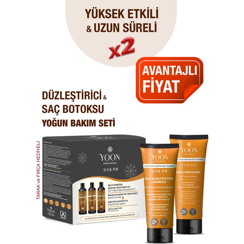 Yoon 3'lü Uzun Süren Düzleştirici & Saç Botoxu Kiti, Tuzsuz Şampuan 250ML, Saç Kremi 200ML Saç Bakım Seti
