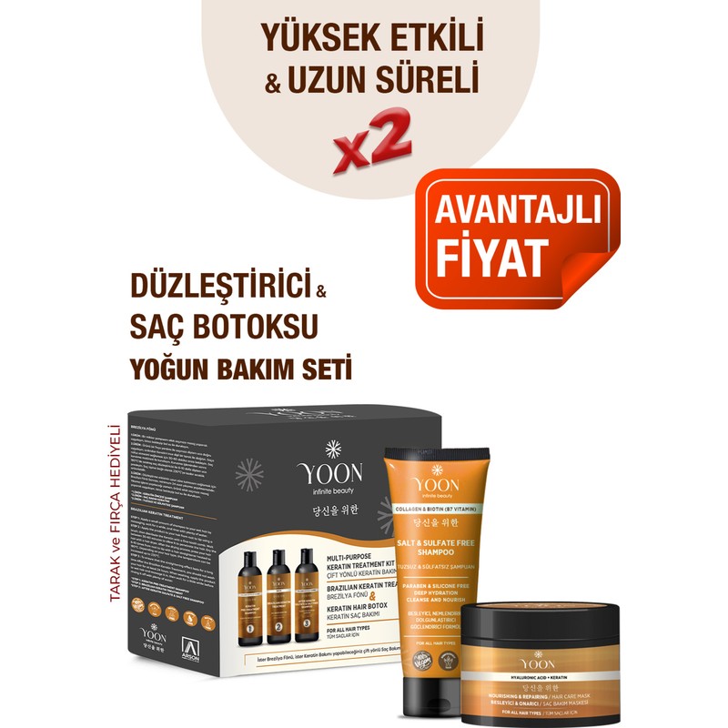 Yoon 3'lü Uzun Süren Düzleştirici & Saç Botoxu Kiti Tuzsuz Şampuan 250ML Saç Maskesi 250ML Saç Bakım Seti