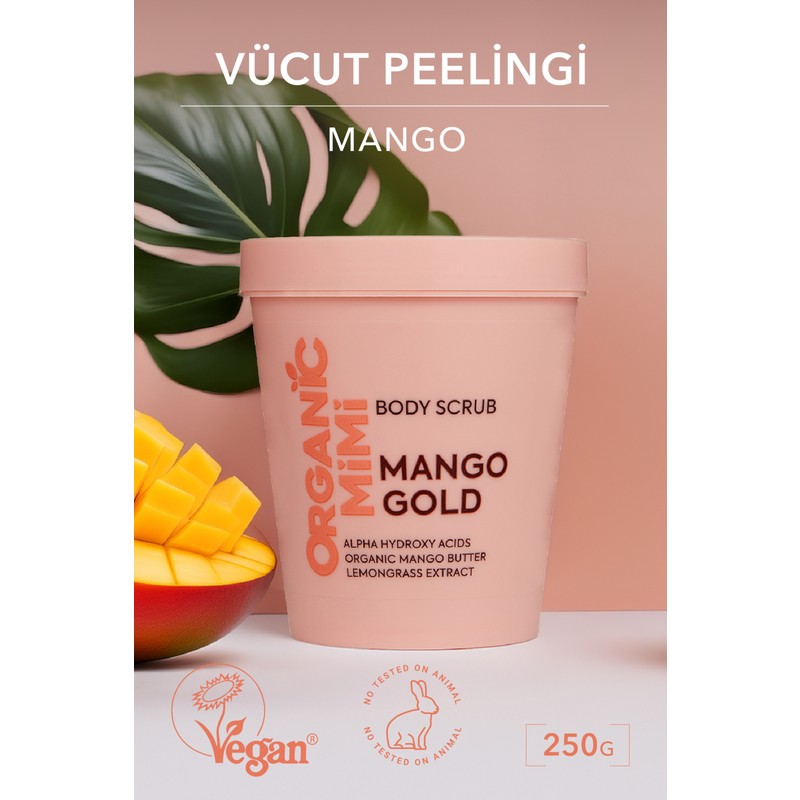Organic Mimi Vücut Peelingi Mango Gold Doğal Nemlendirici Besleyici Vegan Vücut Peeling Çilek Bacak, 250 G