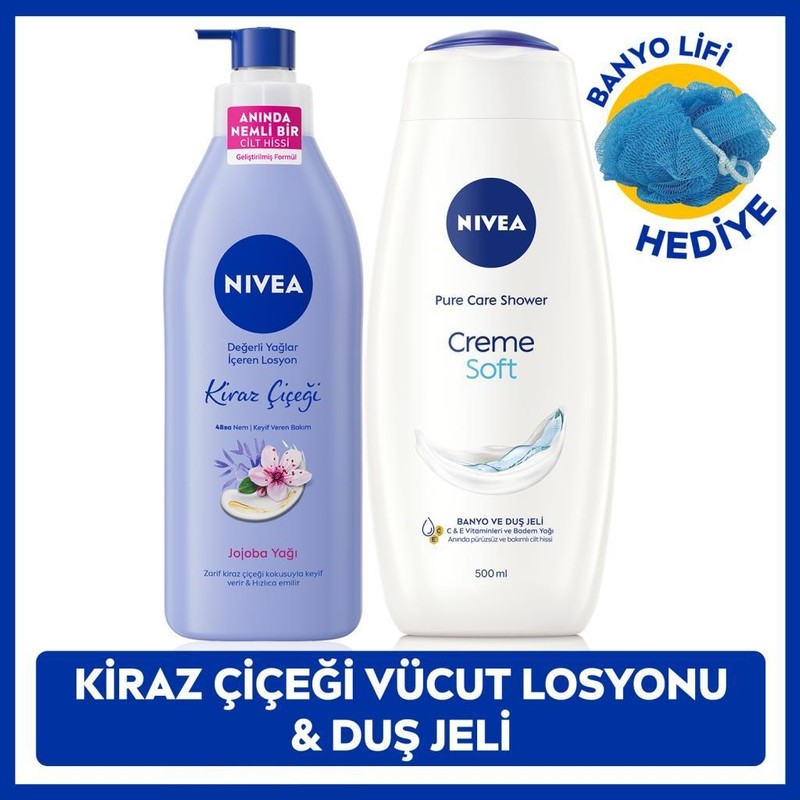 Nivea Creme Soft Duş Jeli 500ML ve Kiraz Çiçeği Nemlendirici Vücut Bakım Losyonu 400ML, Banyo Lifi Hediye