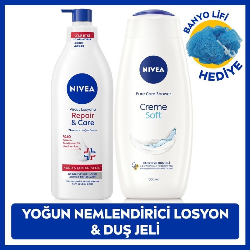 Nivea Creme Soft Duş Jeli 500ML ve Repair Care Vücut Losyonu 400ML, Lif Hediyeli, Kaşıntılı ve Hassas Cilt