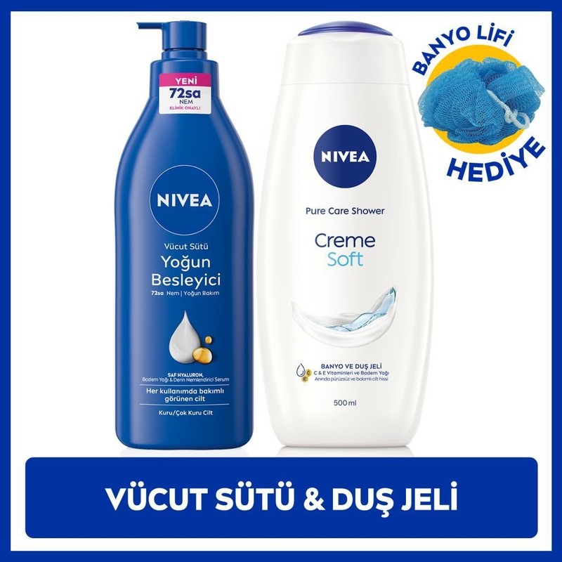 Nivea Creme Soft Duş Jeli 500ML ve Yoğun Besleyici Nemlendirici Vücut Sütü 400ML, Banyo Lifi Hediyeli