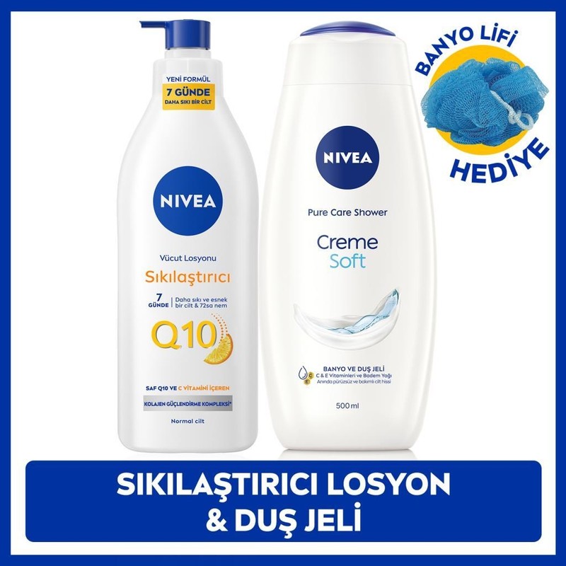 Nivea Q10 Sıkılaştırıcı Vücut Losyonu 400ML ve Creme Soft Kremsi Dokunuş Duş Jeli 500ML, Banyo Lifi Hediye