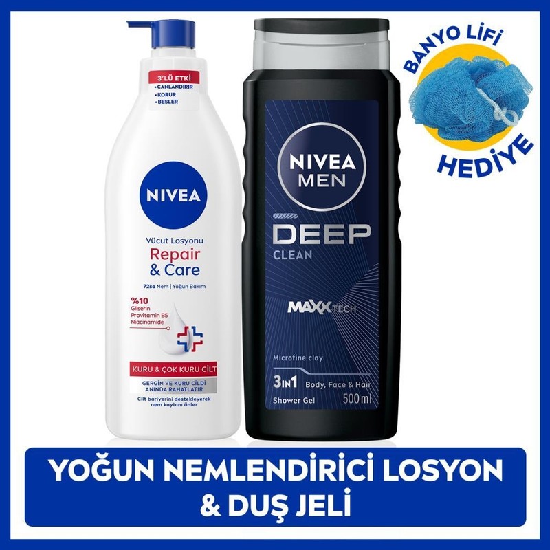 Nivea Men Erkek Deep Dimension Duş Jeli 500ML ve Repair Care Nemlendirici Vücut Losyonu 400ML, Lif Hediye