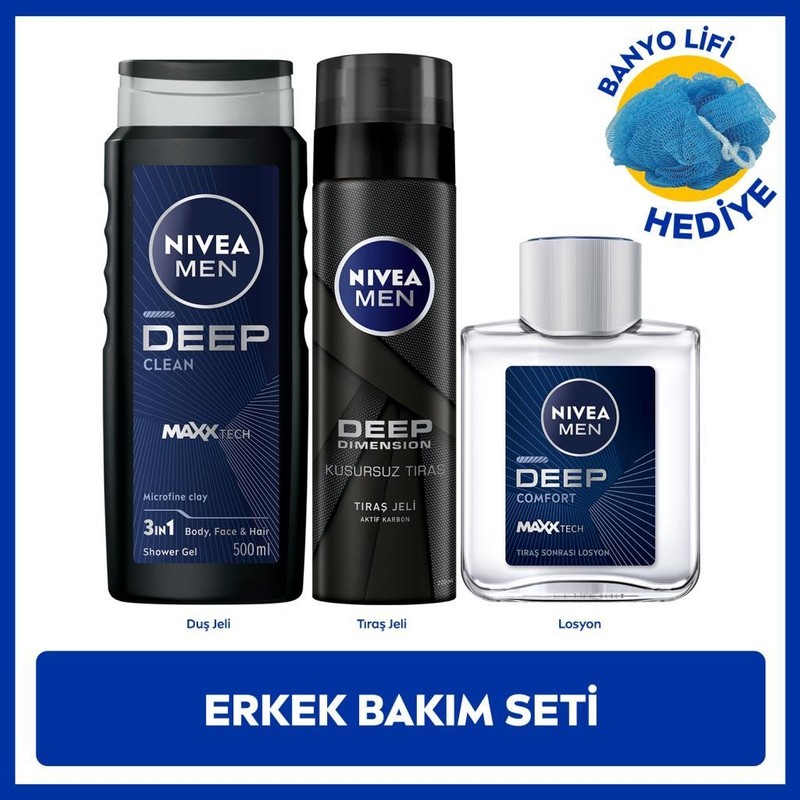 Nivea Men Erkek Deep Dimension Duş Jeli 500ML, Tıraş Jeli 200ML ve Tıraş Sonrası Losyon 100ML, Lif Hediye