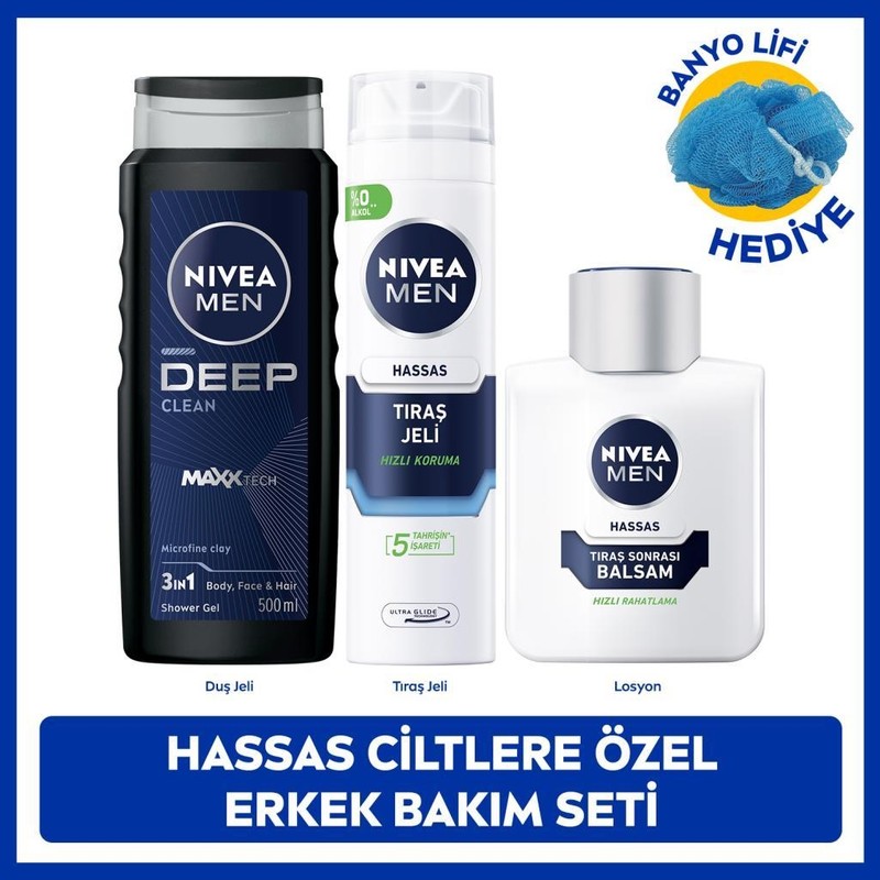 Nivea MEN Erkek Deep Dimension Duş Jeli 500 ml , Hassas Tıraş Jeli ve Tıraş Sonrası Balsam 100ML, Odunsu Koku