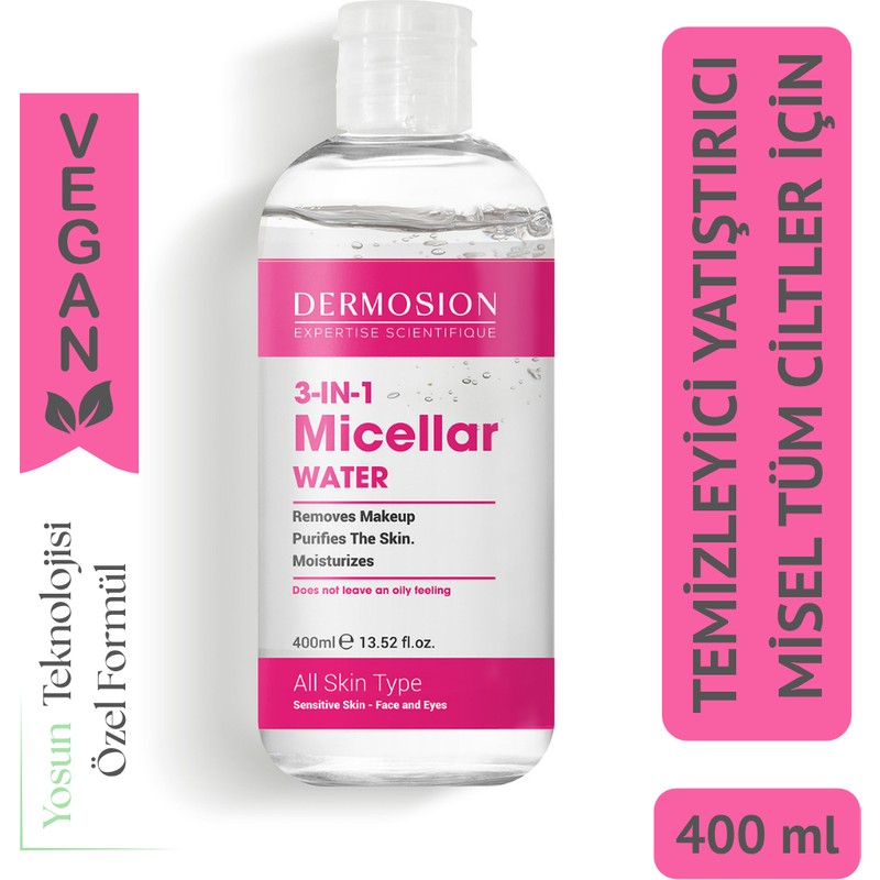 Dermosion 3'ü 1 Arada Miseller Su 400 ml Tüm Cilt Tipleri İçin Temizleyici Aloe Vera İçerikli