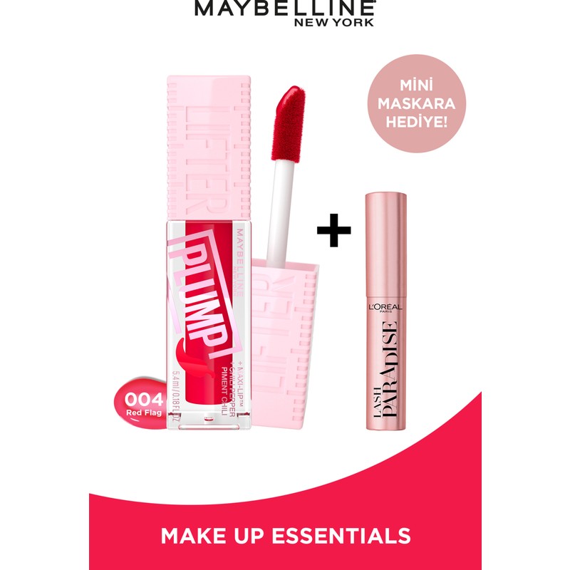 Maybelline New York Lifter Plump Dudak Parlatıcısı 004 Red Flag & L'oréal Paris Paradise Mini Maskara Hediyeli Set