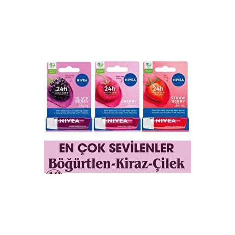 Nivea Renkli Dudak Bakım Kremi 4.8g x 3 Böğürtlen Kiraz Çilek Nemlendirici Etkili