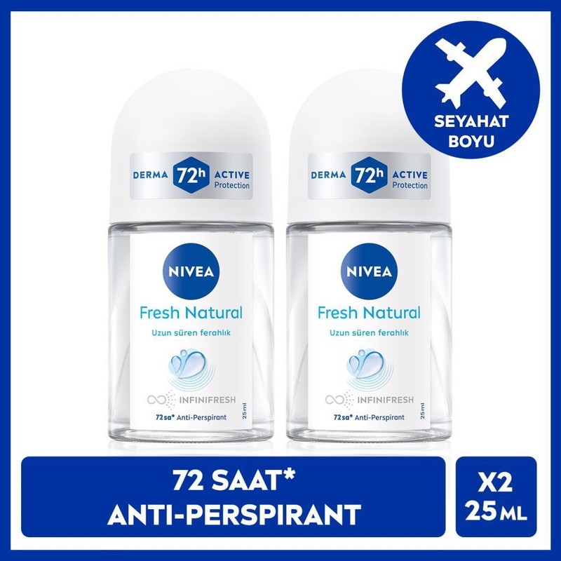 Nivea Nıvea Kadın Roll-On Deodorant Fresh Natural 25ML, 72 Saat Anti-Perspirant Koruma, Seyahat Boyu, Terlemeye Karşı Koruma, Uzun Süren Ferahlık, X2 Adet