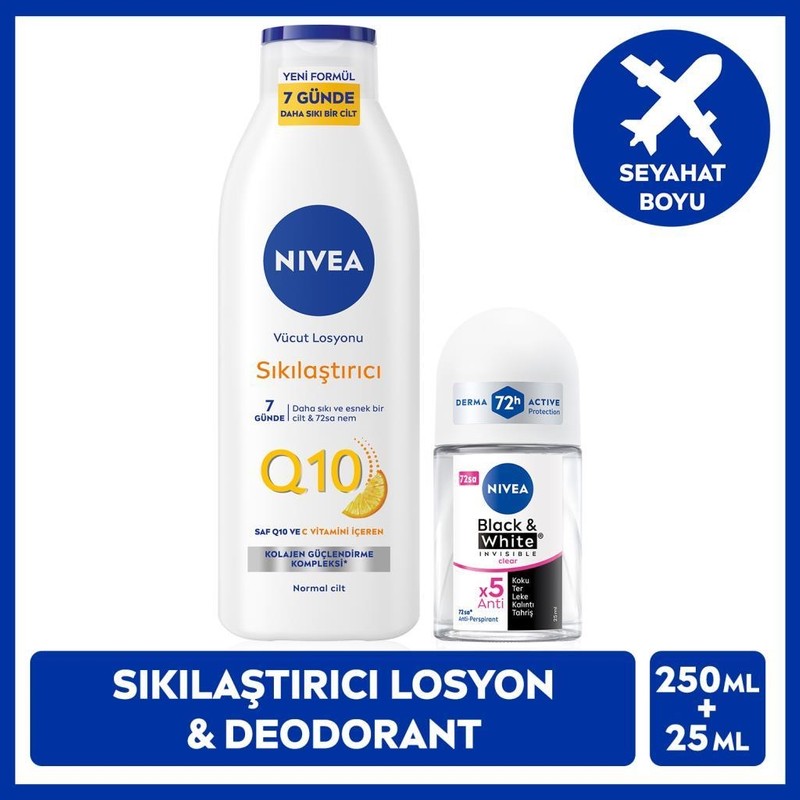 Nivea Nıvea Q10 Sıkılaştırıcı Vücut Losyonu 250ML ve Kadın Roll-On Deodorant Black&white Invisible Clear 25ML, 72 Saat Anti-Perspirant Ter Koruması, C Vitamini