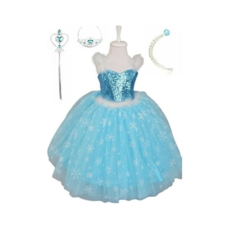 Bal Bebe Mavi Askılı Tarlatanlı Kız Çocuk Elbise Elsa Taç Asa Özel Olay İçin A-Line Stil