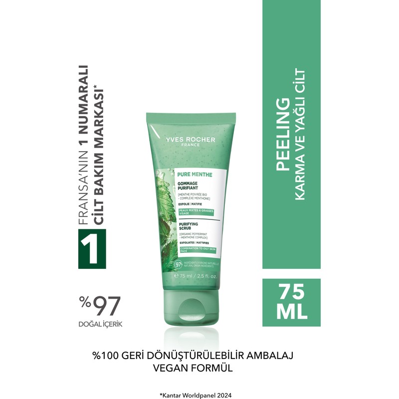 Yves Rocher Yüz Peelingi-Karma,yağlı, Sivilce Eğilimli Cilt-Pure Menthe Arındırıcı Botanik Kompleks 75ML