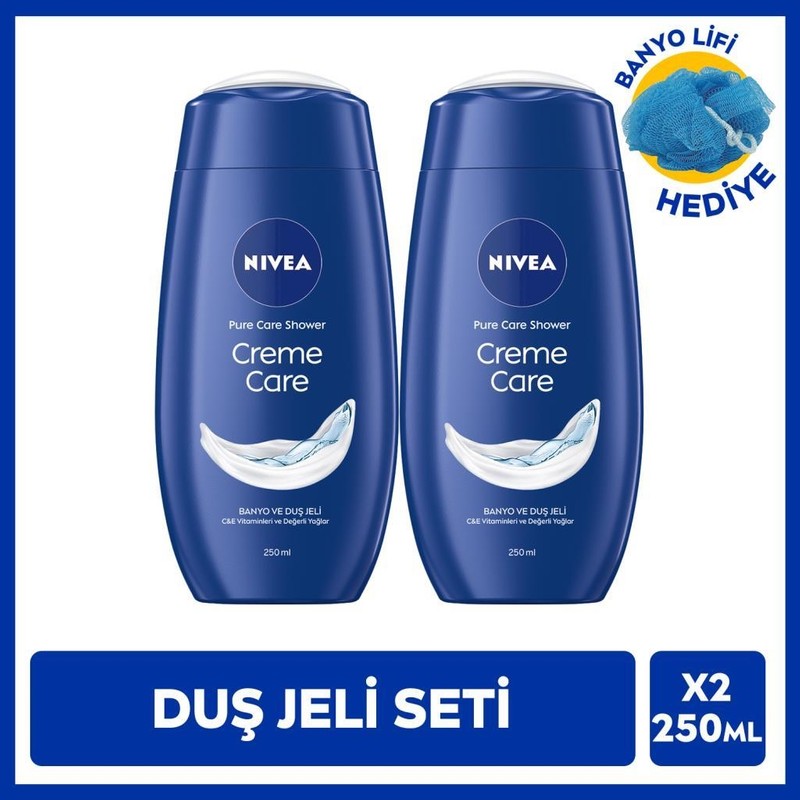 Nivea Creme Care Nemlendirici Duş Jeli 250ML ve Banyo Lifi Hediyeli, C Vitamini, Değerli Yağlar, X2 Adet, C Vitamini, Avantajlı Paket