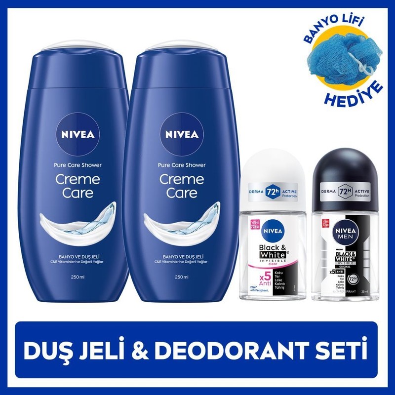 Nivea Nıvea Kadın ve Erkek Roll-On Deodorant Black&white 25ML, Creme Care Duş Jeli X2 Adet, Banyo Lifi Hediye, Avantajlı Aile Paketi