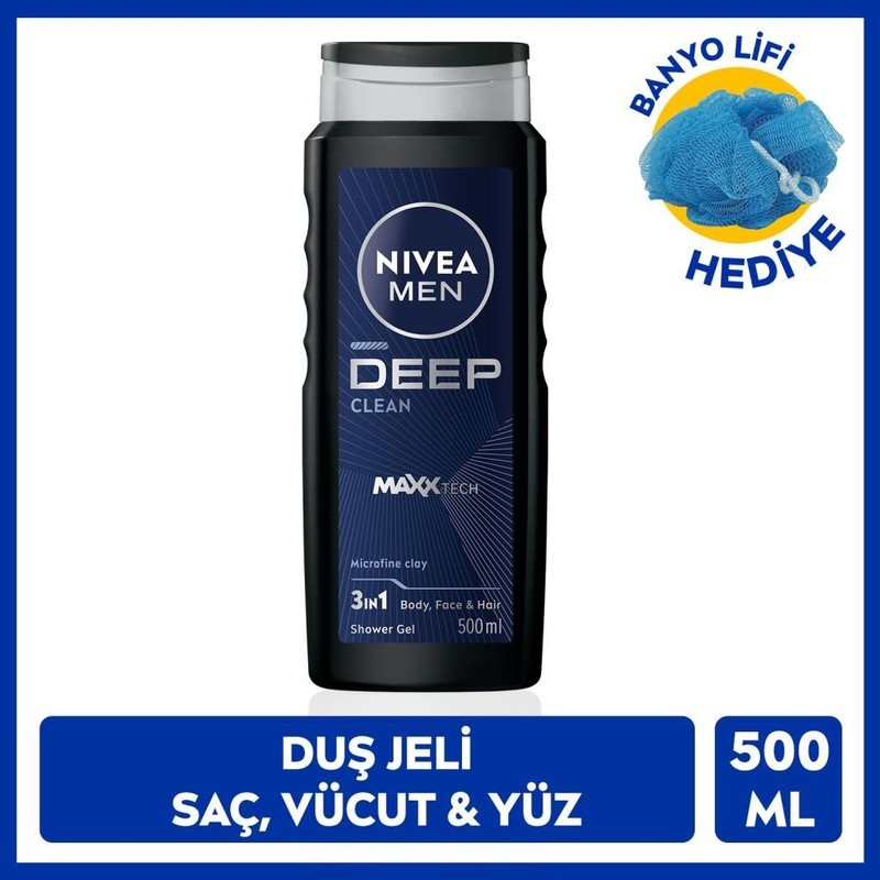 Nivea Nıvea Men Erkek Deep Dimension Banyo ve Duş Jeli 500ML, 3'ü1 Arada Vücut Bakım, Vücut Saç ve Yüz, Banyo Lifi Hediyeli, Avantajlı Paket